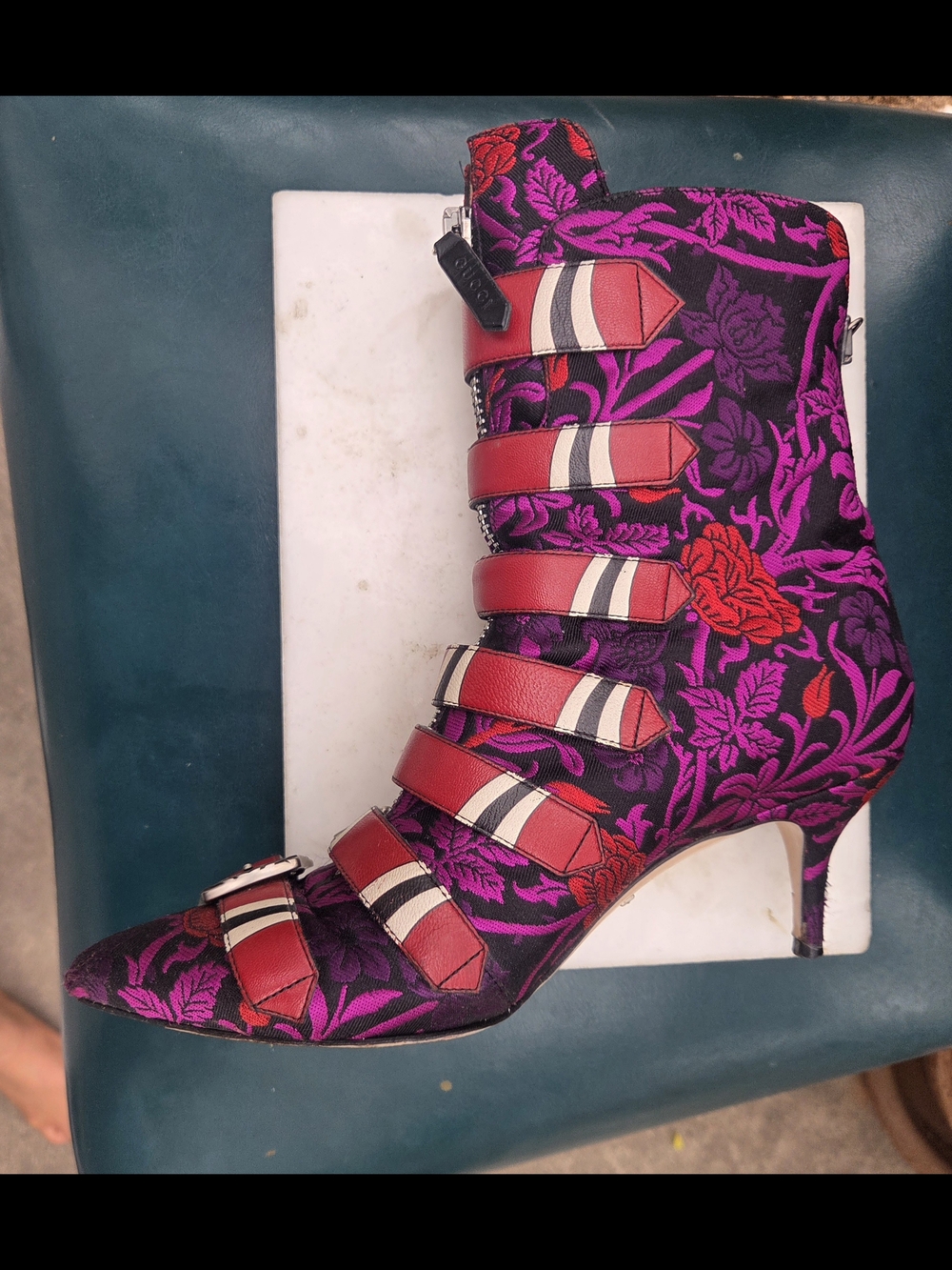 Gucci Purple and Red Floral Buckle Ankle Boots